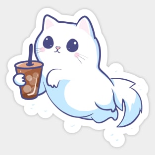 Cute Ghost Cat With Iced Coffee Sticker